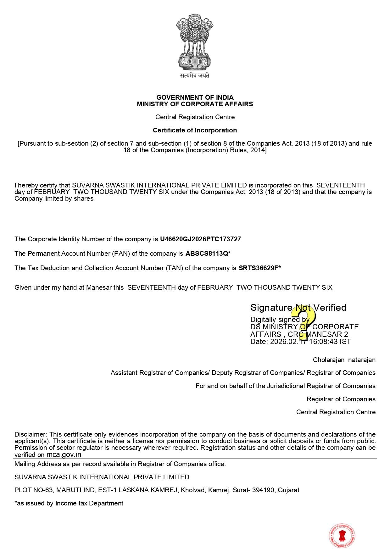 Certificate of Incorporation issued by the Ministry of Corporate Affairs