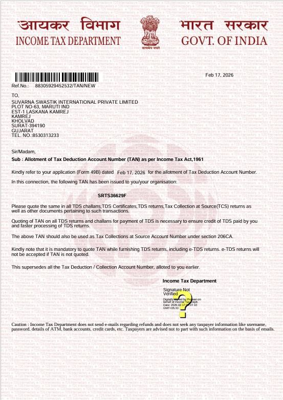 Tax Deduction and Collection Account Number (TAN) certificate